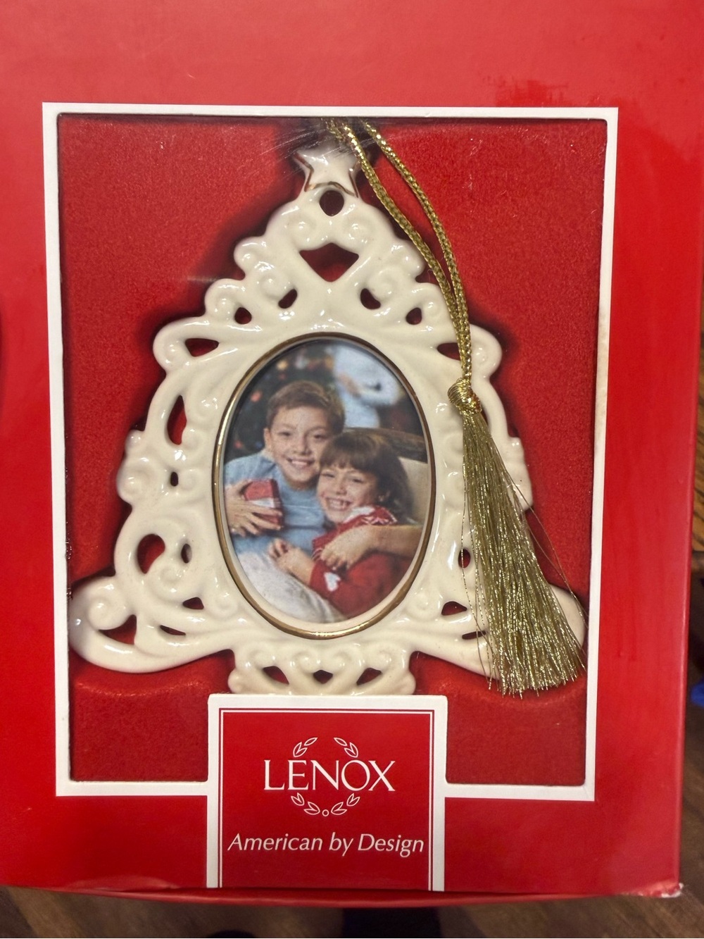 Lenox White Ceramic Filigree Photo Frame Ornament with Gold Tassel